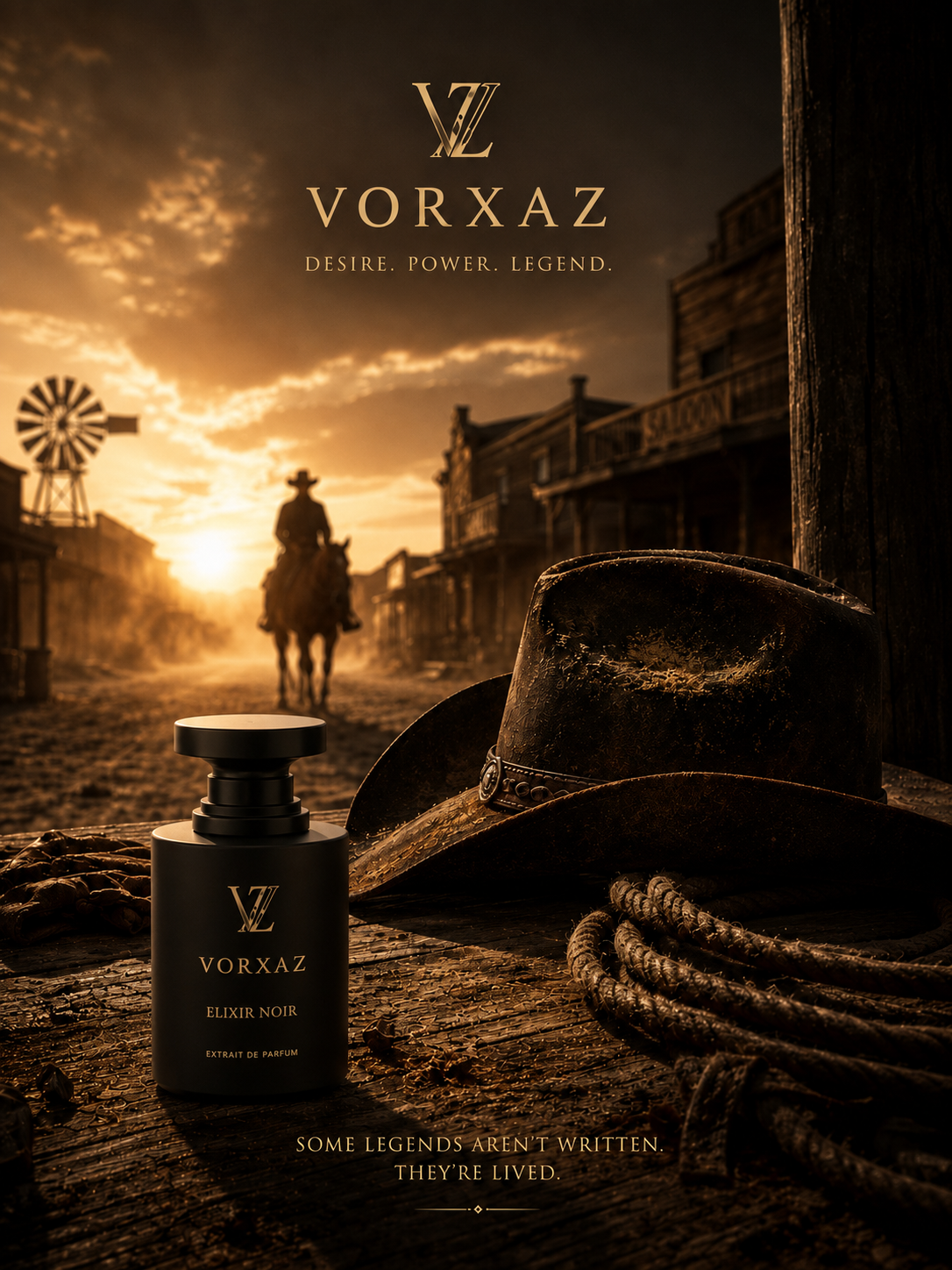 En VORXAZ-parfumeflaske ved siden af en patineret cowboyhat i solnedgangen